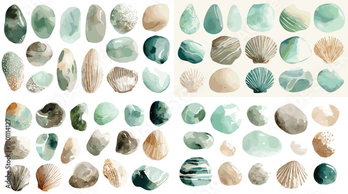 Watercolor seashell set in mint and beige with varied shapes and textures, isolated on white for beach design, patterns, invitations, and coastal decor.