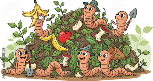 Cartoon Earthworms in Compost Pile with Food Scraps