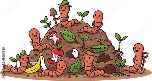 Cute Cartoon Worms in Compost Pile Keywords: worms, compost, pile, cartoon, cute, characters