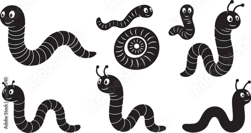 Set of Cartoon Worm Silhouettes Keywords: worm, cartoon, character, silhouette, black and white