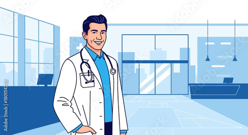 Hospital Professional: Smiling Doctor Stands in Modern Medical Office Illustration