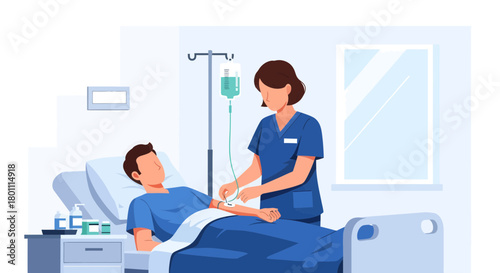 Hospital Treatment and Patient Care: Nurse Administering Intravenous Infusion in the Clinic