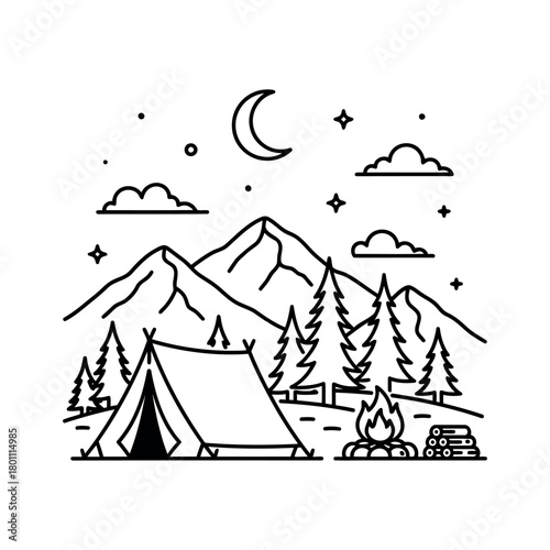 Night camping scene with tent, campfire, and mountains under moonlit sky