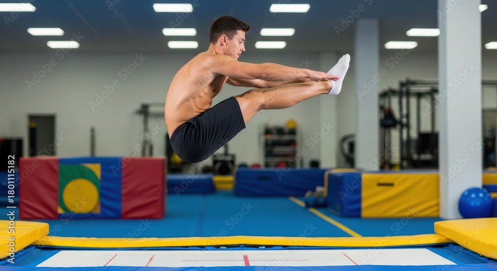 Fototapeta premium Young caucasian male performing jump on trampoline in gym