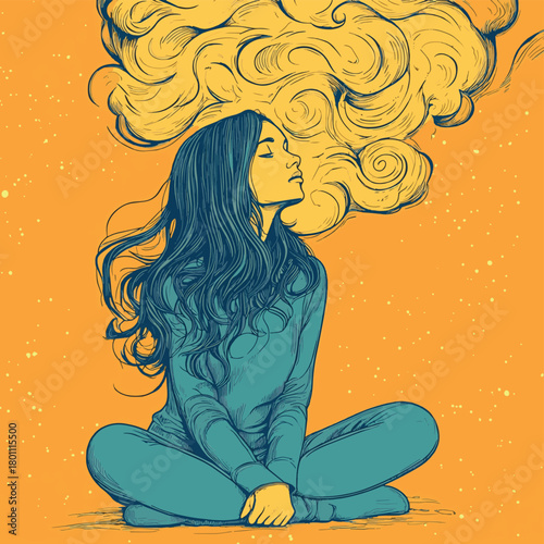 Girl in teal sweater sits cross-legged, contemplating a swirling yellow thought bubble, symbolizing introspection, contemplation, or complex ideas  , vector style simple color