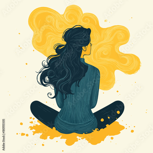 Girl in teal sweater sits cross-legged, contemplating a swirling yellow thought bubble, symbolizing introspection, contemplation, or complex ideas  , vector style simple color