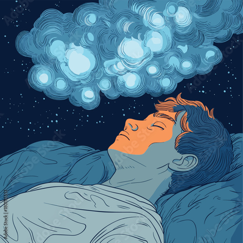 illustration of a man lying in bed having racing thoughts, insomnia, anxiety disorders, mental turmoil , vector style simple color