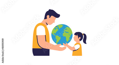 Father and Daughter Holding Globe Illustration Symbolizing Environmental Awareness, Sustainability, and Intergenerational Responsibility for a Greener Planet