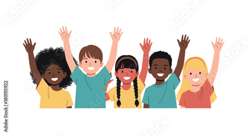Diverse group of cheerful children raising their hands in unison, showcasing unity and inclusion for educational or social awareness campaigns.