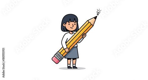 Cartoon illustration of a girl holding a giant pencil with a lightbulb above it, ideal for creative projects, educational materials, or brainstorming concepts.