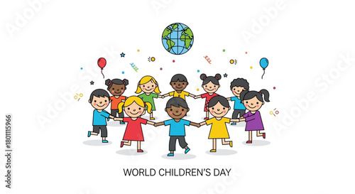 Diverse Group of Children Holding Hands Around the World for World Children's Day Celebration Banner Illustration, Ideal for promoting global unity, diversity, and children's rights