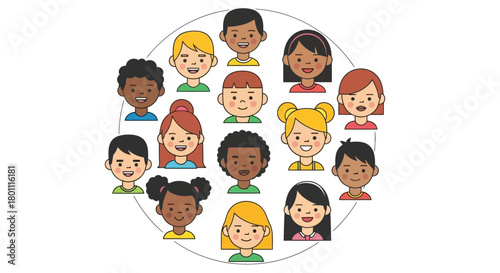 Diverse group of children's faces in a circle showcasing global unity and childhood innocence for educational resources and multicultural projects.