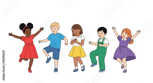 Diverse group of children participating in a fun activity illustration, perfect for educational resources, children's books, and multicultural projects.