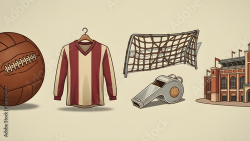 Vintage soccer elements retro ball, striped jersey, goal net, referee's whistle, and stadium