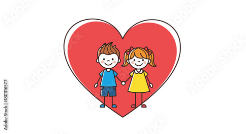 Cartoon illustration of a boy and a girl holding hands inside a red heart shape, suitable for children's books or educational materials, expressing love and friendship