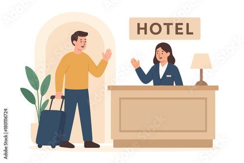 Hotel Check-in: A guest arrives at the hotel reception. The hotel representative is waiting to check-in the guest