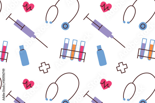 Vector illustration pattern with bright medical icons, syringe, vial, stethoscope, pills, cross. Flat cartoon healthcare symbols, clinical supplies, pharmacy and hospital theme for medical collection