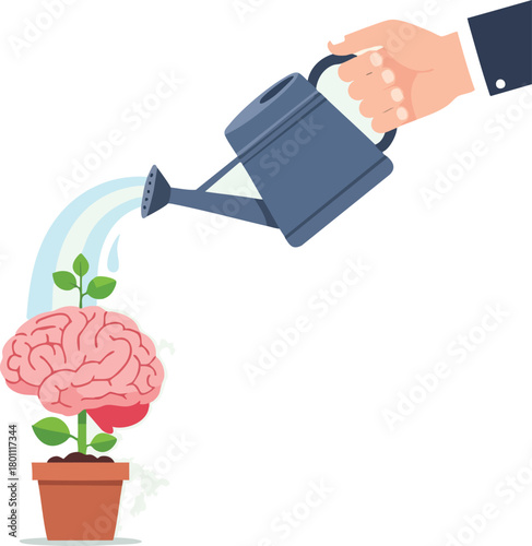 Illustration of a hand watering a potted brain plant with a dark blue watering can on a clean white background, conveying a thoughtful and nurturing mood.
