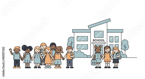 Diverse group of children holding hands in front of a modern school building illustration for educational materials and inclusivity campaigns.