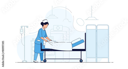 Medical Facility Scene Showing Nurse Preparing Bed For Patient Care And Assistance