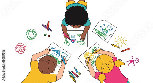 Diverse group of children drawing together creatively on white paper, fostering imagination and artistic expression in collaborative activity ideal for educational resources.