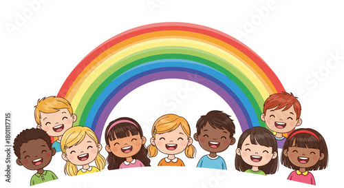 Diverse Group of Smiling Children Under a Colorful Rainbow Illustration for Educational Materials, Children's Books, and Inclusive Design Projects