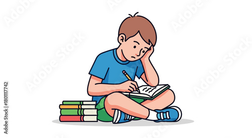 Focused young student diligently studying and writing in a notebook, sitting with books, ideal for educational resources and school illustrations.