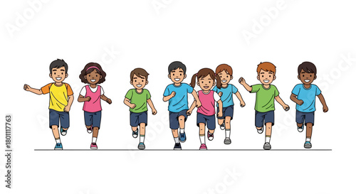 Energetic group of diverse children joyfully running forward in a race, symbolizing childhood, health, and active lifestyles, ideal for educational resources