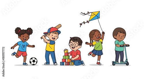 Diverse group of children joyfully engaging in outdoor activities, promoting active play, childhood development and inclusive educational materials.