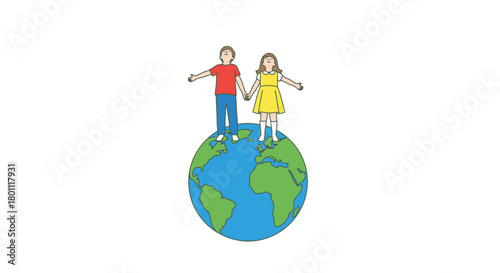 Illustration of children standing on Earth holding hands, symbolizing global unity and environmental awareness for educational materials and social campaigns.