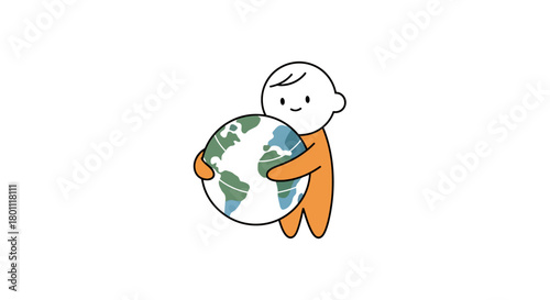 Illustrated depiction of a child embracing the earth, symbolizing global care and environmental stewardship, suitable for educational and advocacy campaigns.