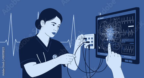 Medical Professional Analyzing Brain Activity Displayed On Interactive Monitor Screen
