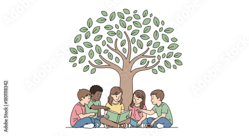 Diverse group of children reading a book under a tree, fostering education, literacy, and the joy of learning in a natural setting, ideal for educational resources