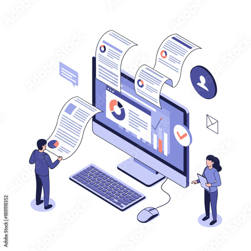 Analyzing business data and financial reports on a computer screen.