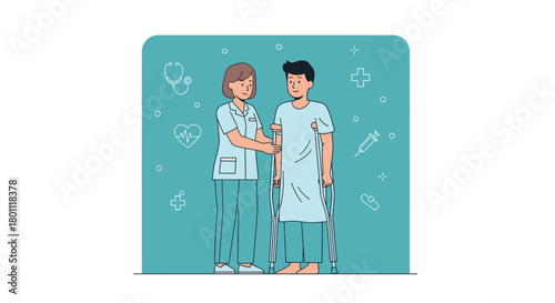 Medical Professional Assisting Patient With Crutches For Recovery, Wellbeing And Support