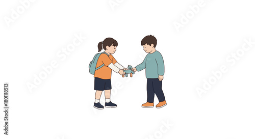 Two children exchanging a toy airplane, fostering friendship and imaginative play, suitable for educational materials, children's book illustrations, or social skills learning resources.