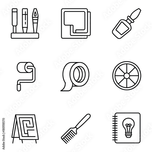 Collection of nine icons for creativity and planning on a white background Keywords: marker pens