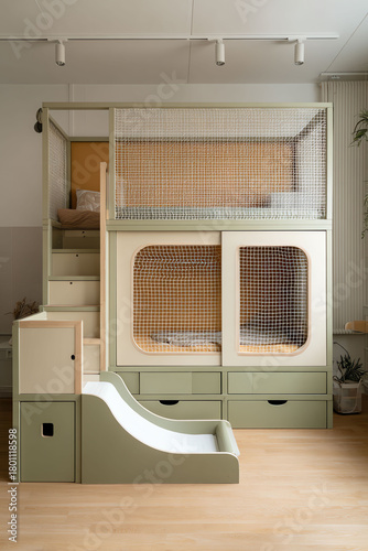 Modern Bunk Bed with Slide and Storage in Stylish Kids Room