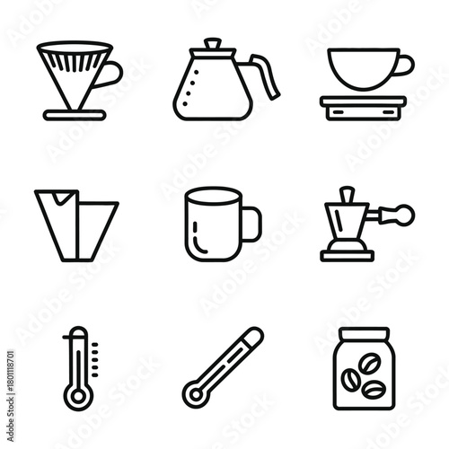 Nine icons for coffee brewing and preparation on a white background Keywords: coffee dripper