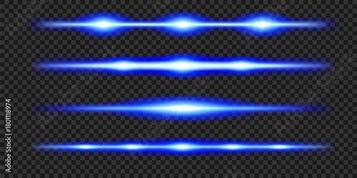 Blue light beam effect set. Laser glowing bar collection. Neon energy strip vector illustration