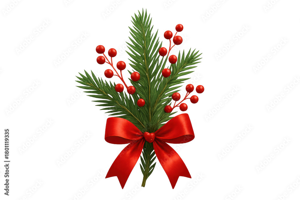 Fototapeta premium Christmas pine branch composition with red berries and a festive satin bow creating a holiday season decoration