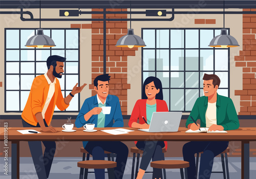 A diverse group of colleagues collaborating and discussing ideas around a large table in a modern office space.