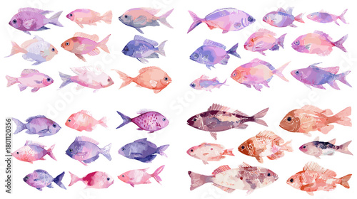 Watercolor tropical fish collection in pink, purple, and peach hues, with varied shapes and textures. Isolated on white for marine design, patterns, stickers, and playful decor.