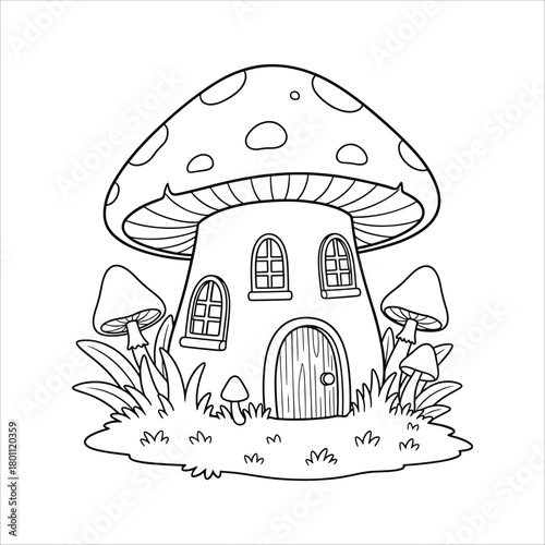 Cute Mushroom House Coloring Page for Kids with Flowers and Garden Scene