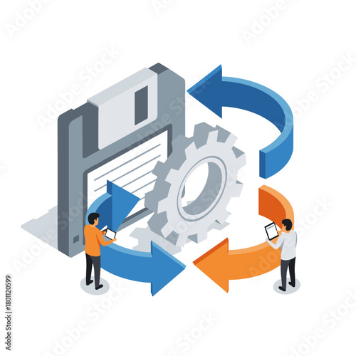 Data backup and restore process with technological gears and digital devices.