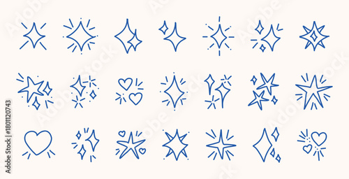 Blue sparkle doodle icon set hand drawn hand drawn stars hearts shiny bursts children sketch symbols on white background for planners scrapbooking cute kids decoration digital fun design element pack