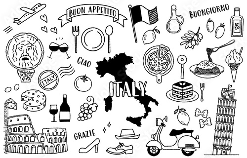 simple and cute illustration set related to Italy (monochrome)