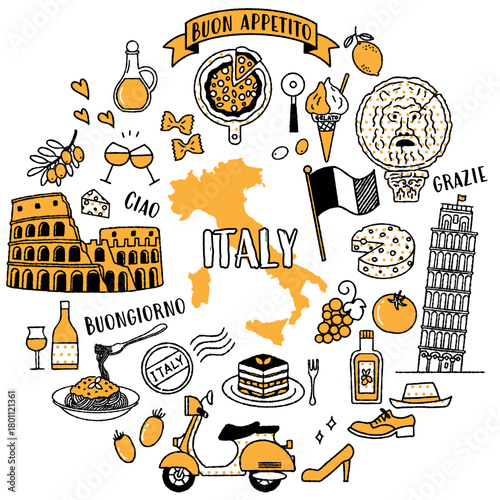 Simple and cute set of illustrations about Italy (black and yellow)