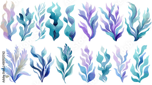 Watercolor seaweed leaves in teal, indigo, and violet gradients, isolated on white for elegant ocean design, patterns, invitations, and branding.