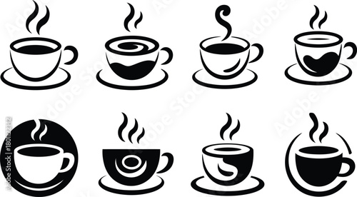 Collection of eight stylized black and white coffee cup icons with steam